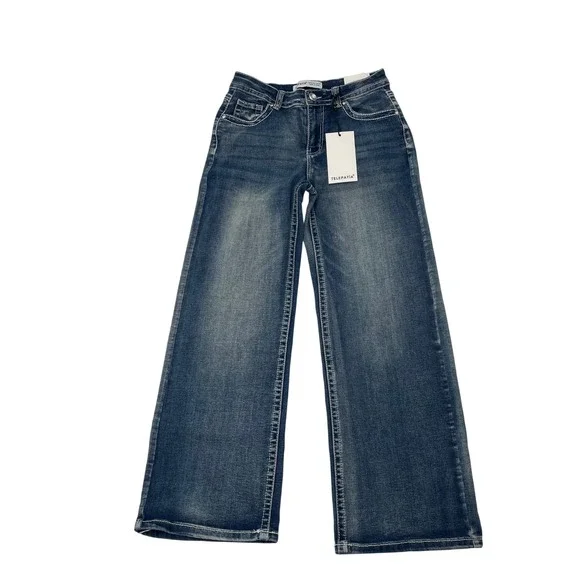 TELEPATIA Womens Blue Wash Wide Leg Mid Rise Jeans Size 11 30 Embellished Pocket - Picture 1 of 9
